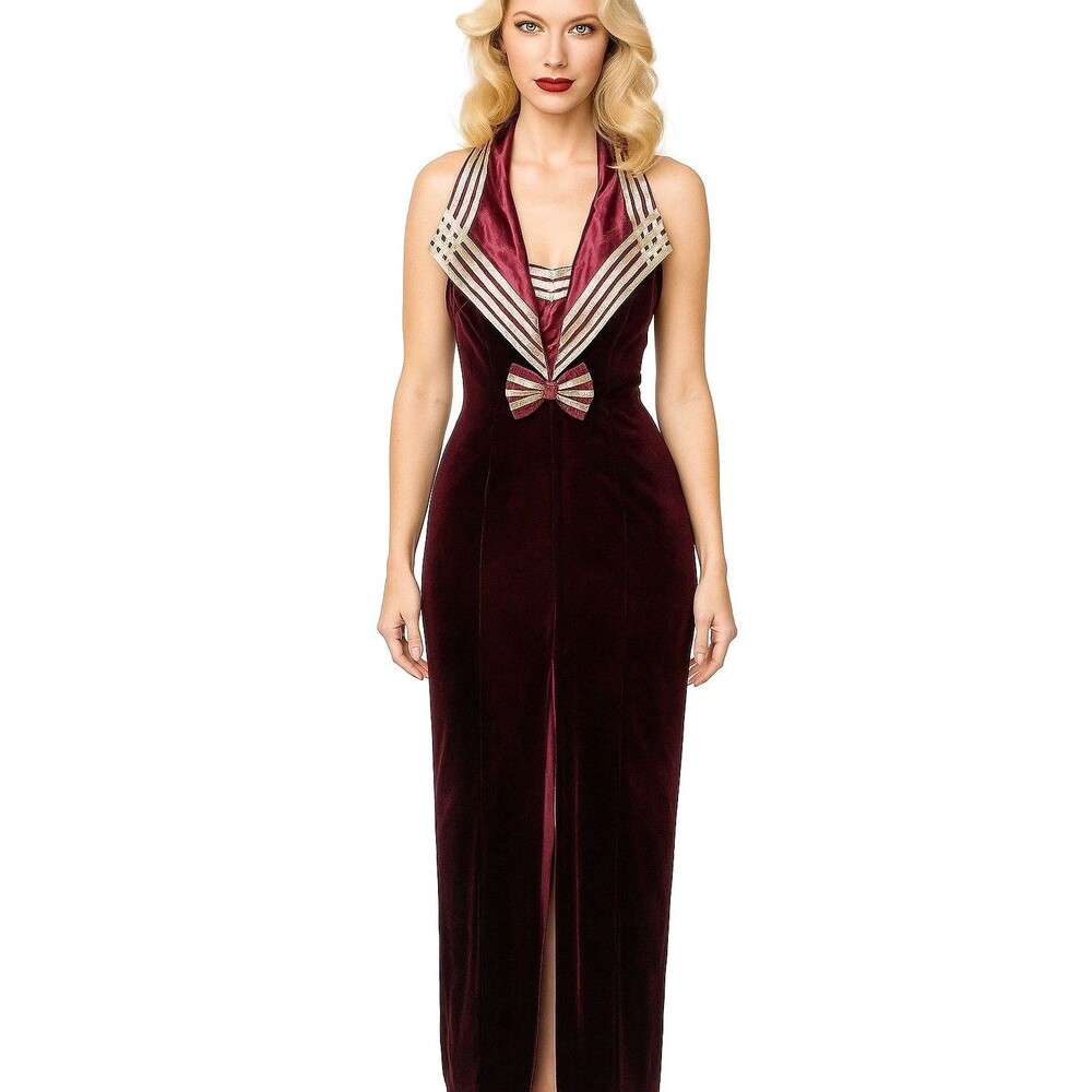 Joara Mode Velvet Dress Sailor Women Size Small Vintage Halter Bow Maxi